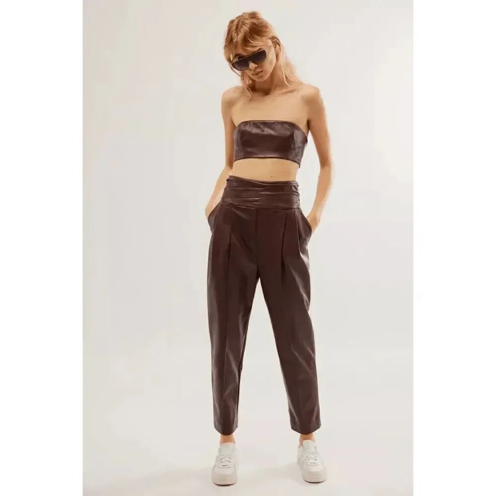 Free People Walnut Brown Faux Leather Pants Bandeau Set Size 8 NWOT